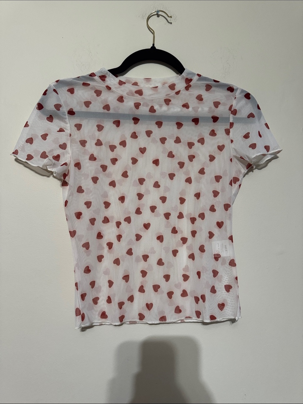 Women's Short Sleeve Sheer Heart Print Tee - White with Red Hearts